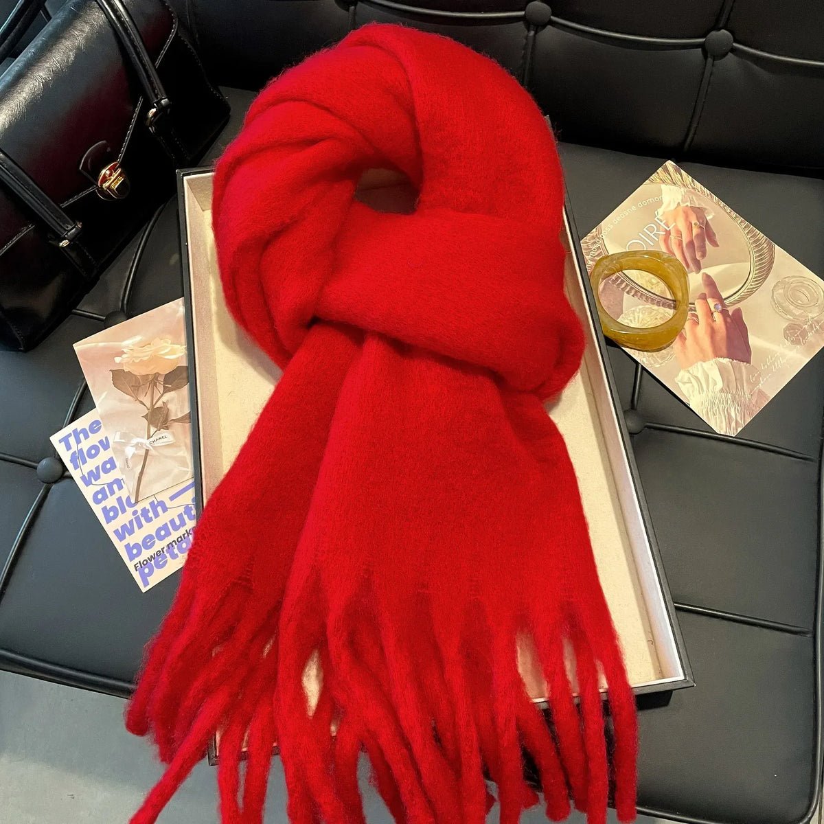 Women's Cashmere Winter Scarf – Thick Knitted Warm Shawl Large version mohair Red]]