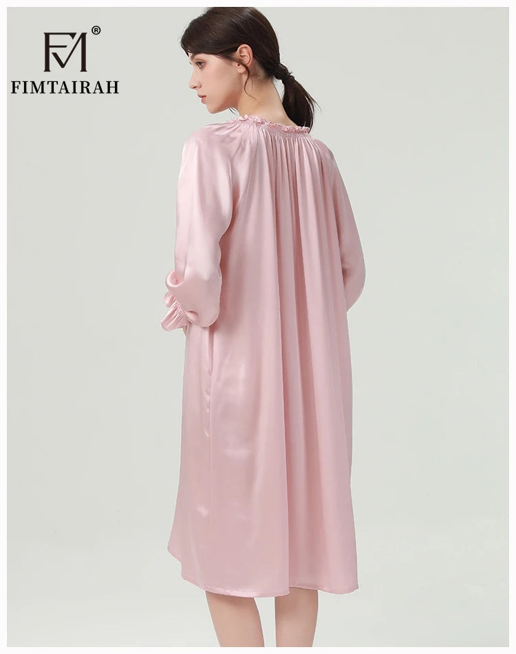 FIMTAIRAH 6A 22MM 100% Silk Nightdress Real Silk Nightgown Women long plus large size Sleepwear Pajamas robe