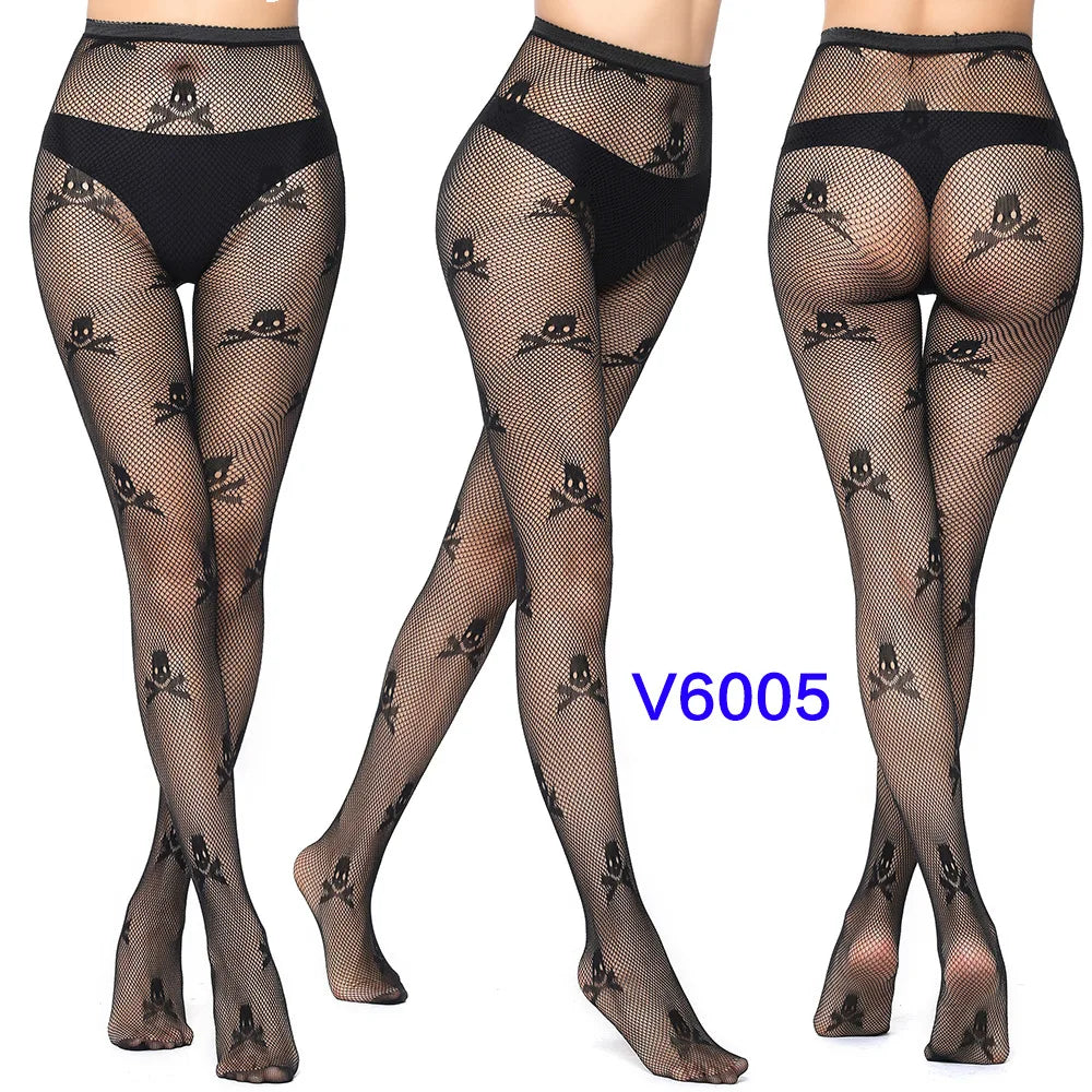 Women Sexy Fishnet Tights Jacquard Weave Seamless Pantyhose Yarns Garter Grid Fish Net Stockings Black Spider Gothic Lace Tights V6005 One Size