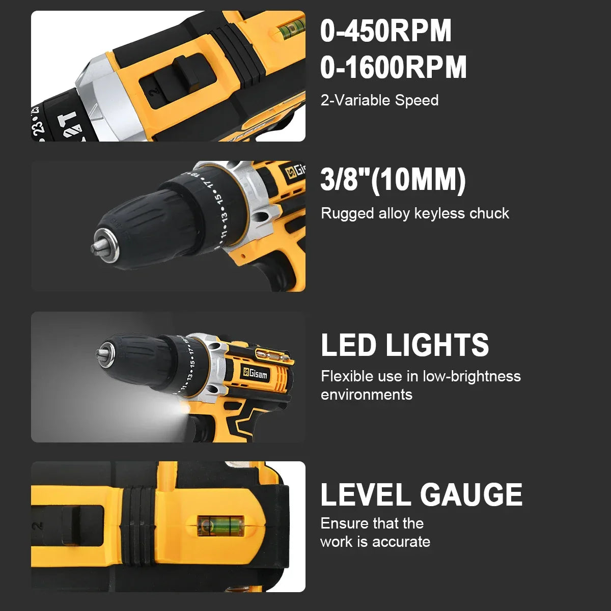 Gisam 25+3 Torque Electric Impact Screwdriver Multifunctional Cordless Drill Power Tool Setting 2 Gear Speed with 2 Batteries