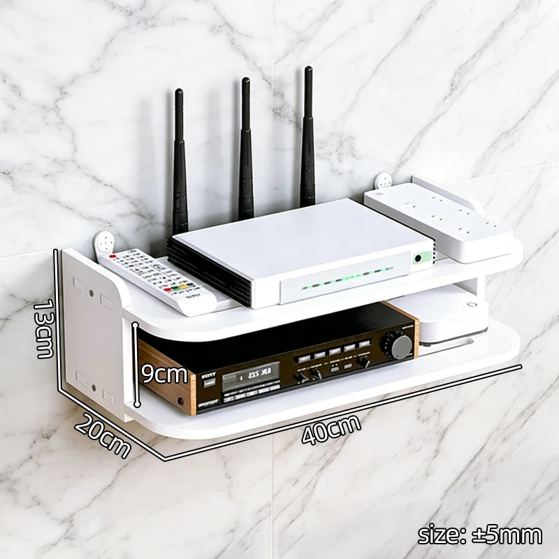 2 Tier Wall Mounted Router Shelf with Hooks for Cables and TV Box