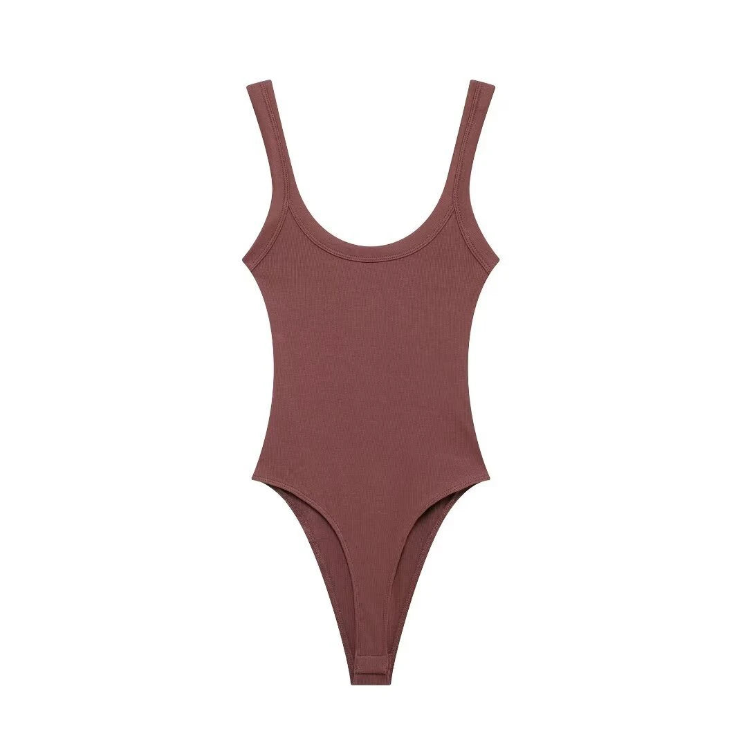 Women's Skinny Ribbed O-Neck Bodysuits with Straps Snap-Button Sexy Fashion Playsuits Comfortable Stretchy Female Clothing