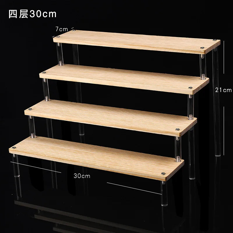 Tiered Display Stand for Figures with Clear or Wood Effect Shelves 4 tier 30x7cm