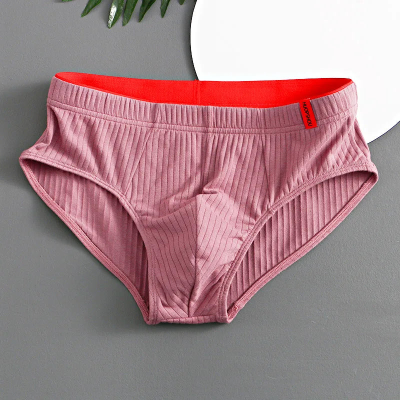 1/3PCS Men Briefs Mid Waist Elastic Soft Breathable Anti-septic U Convex Striped Solid Color Casual Men Underpants underwear men PC3220-RD