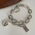 100% Solid 925 Sterling Silver Metal Bracelet for Women Vintage Handmade Simple Retro Heart Chain Bracelet Birthday Gift Party as picture 4