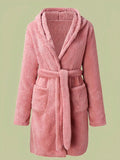 1 piece of women's solid color hooded robe with belt, cozy and warm fleece pajamas for home wear in autumn and winter.