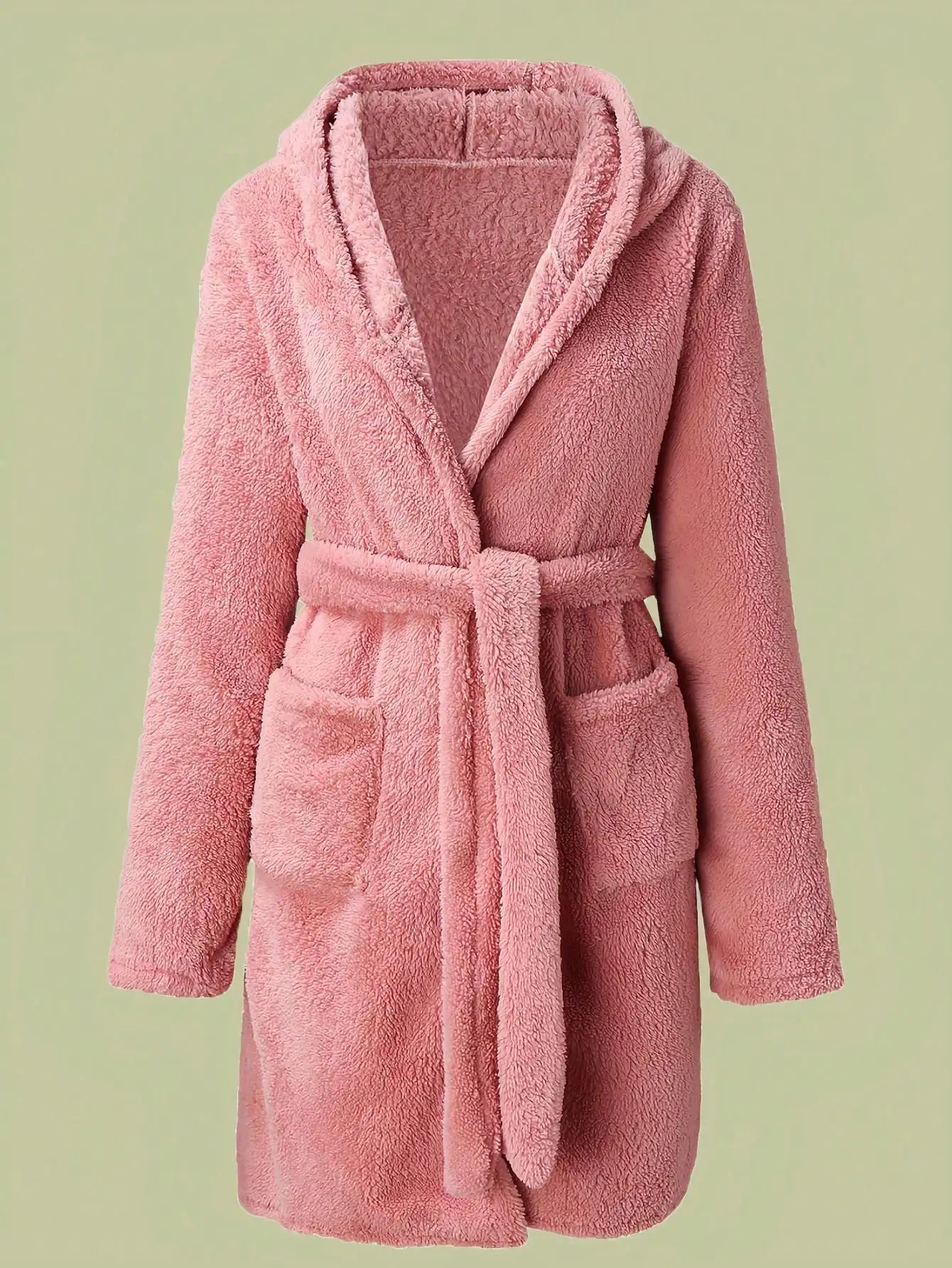 1 piece of women's solid color hooded robe with belt, cozy and warm fleece pajamas for home wear in autumn and winter.