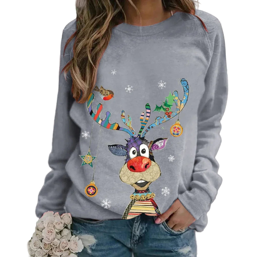 Women’s Christmas Printed Sweatshirt – Cozy Long Sleeve Holiday Jumper | Casual Winter Crewneck Pullover GRAY