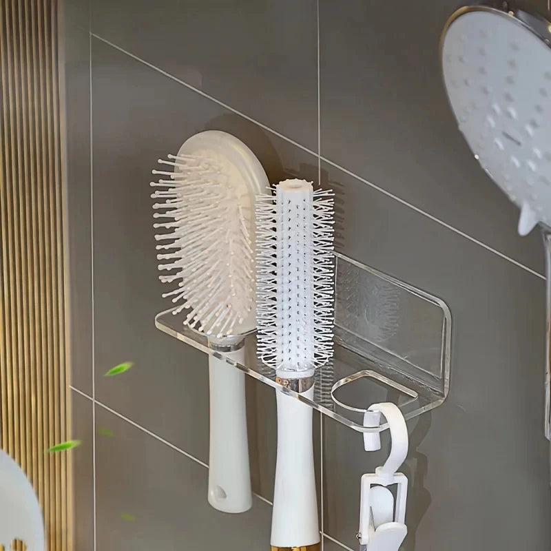 Clear Acrylic Wall-Mounted Bathroom Organizer – No-Drill Storage Rack for Hair Tools & Toiletries, Space-Saving Design