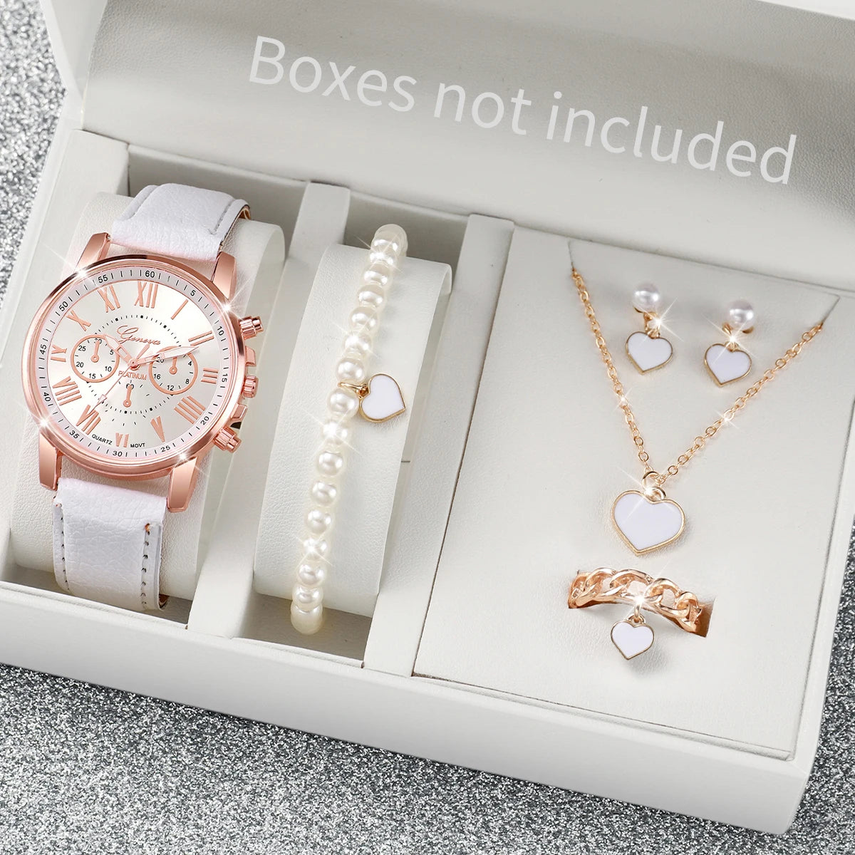 5/6PCS Fashion Women's Quartz Watch Leather Band Analog Wrist Watches Heart Rhinestone Jewelry Set(Without Box) G Without Box