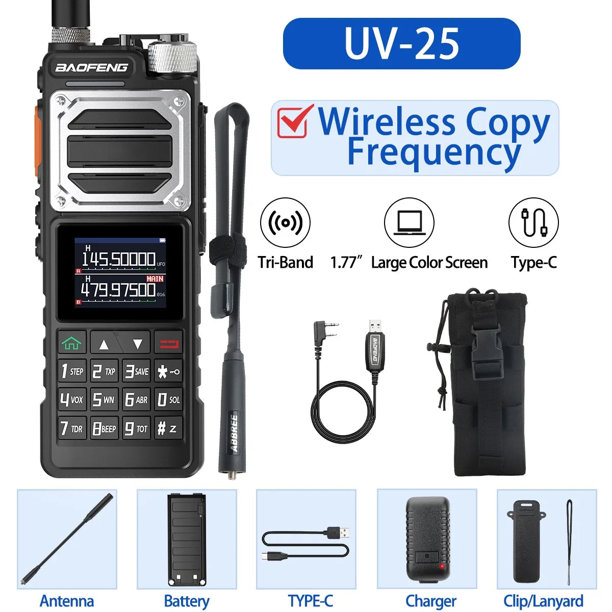 Baofeng UV-25 Air Band Walkie Talkie – Long Range UHF/VHF, Type-C Charging, 999CH, Wireless Frequency Copy, NOAA, Ham Radio - Dicrodelights