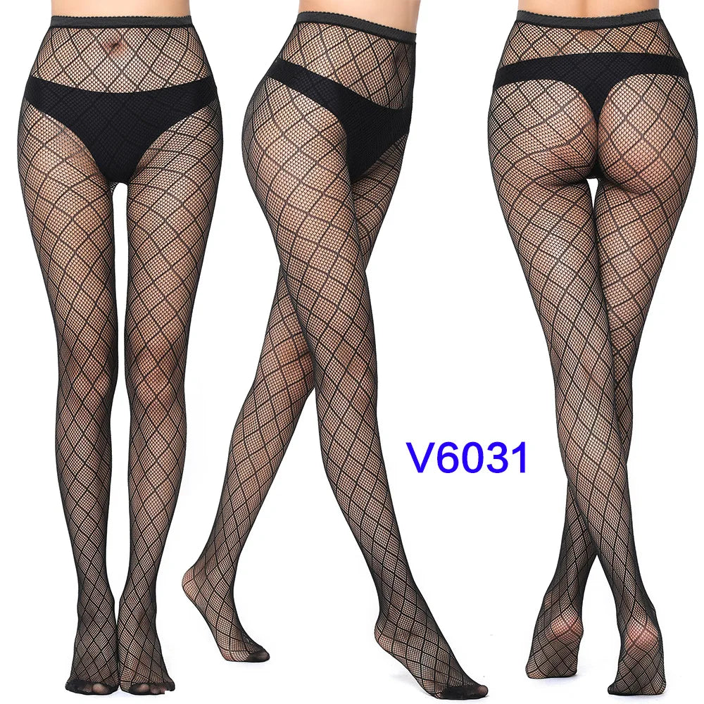 Women Sexy Fishnet Tights Jacquard Weave Seamless Pantyhose Yarns Garter Grid Fish Net Stockings Black Spider Gothic Lace Tights V6031 One Size
