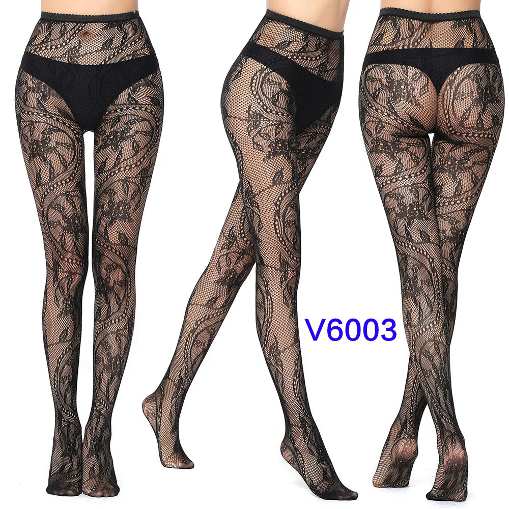 Women Sexy Fishnet Tights Jacquard Weave Seamless Pantyhose Yarns Garter Grid Fish Net Stockings Black Spider Gothic Lace Tights V6003 One Size