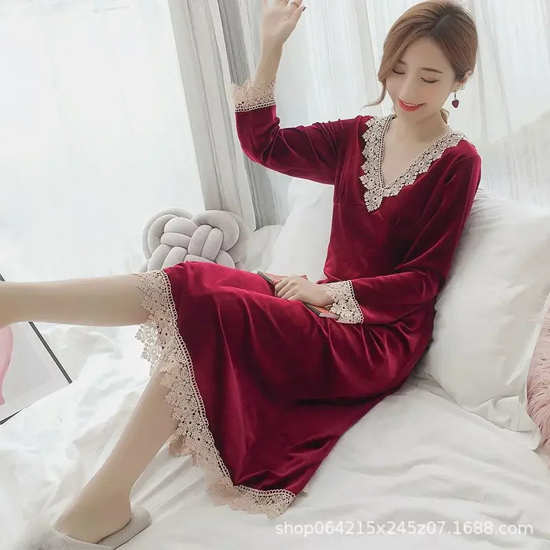 Plus Size 5XL Sleep Dress Women Winter Long Sleeve Sexy Luxury Velvet Spring Autumn Winter Style Korean Version Velvet Nightgown