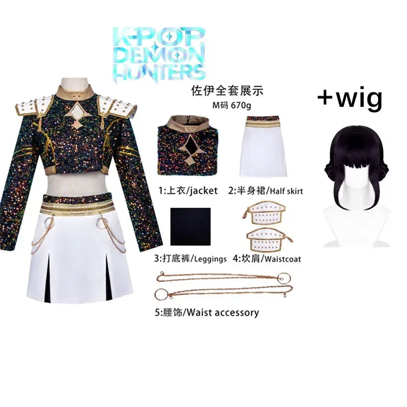 Black & Gold KPop Demon Hunter Cosplay Costume Set Zoey Costume Wig
