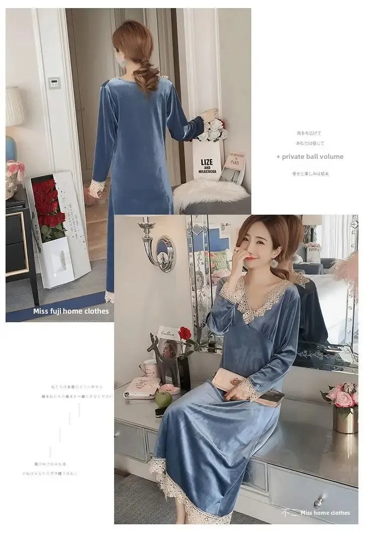 Plus Size 5XL Sleep Dress Women Winter Long Sleeve Sexy Luxury Velvet Spring Autumn Winter Style Korean Version Velvet Nightgown