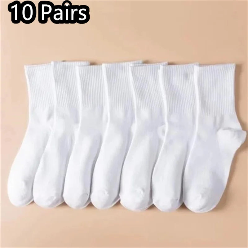 1/7/10/20 Pairs Mid Length Socks Women Classic Black White Solid Color Fashionable Casual Sports Absorbing Breathable Men Socks 10 Pair-1
