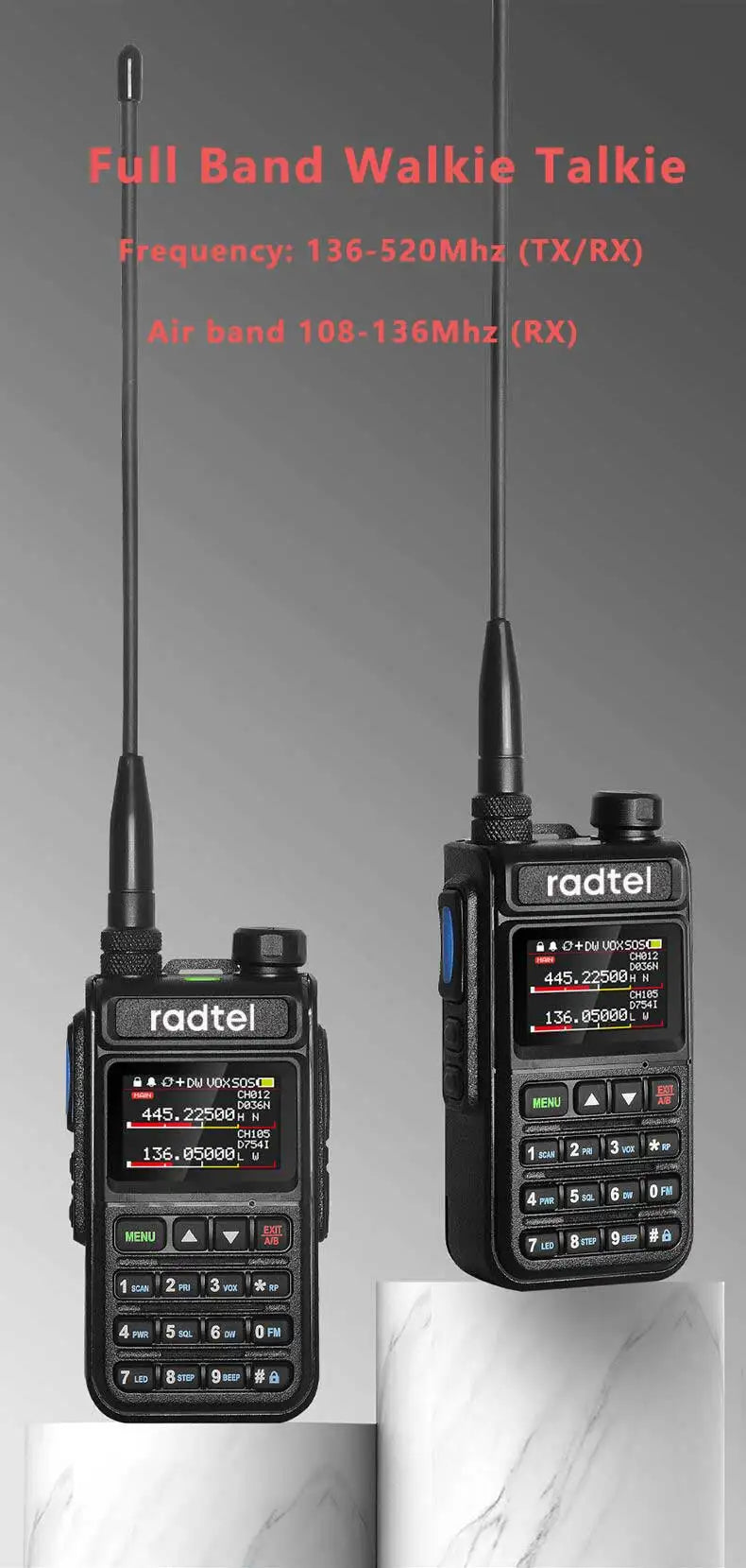 Radtel RT-890 Full Band Ham Radio Amateur 2 Way Radio 999CH Walkie Talkie AM Air Aviation Band Color Scanner Marine NOAA Scan