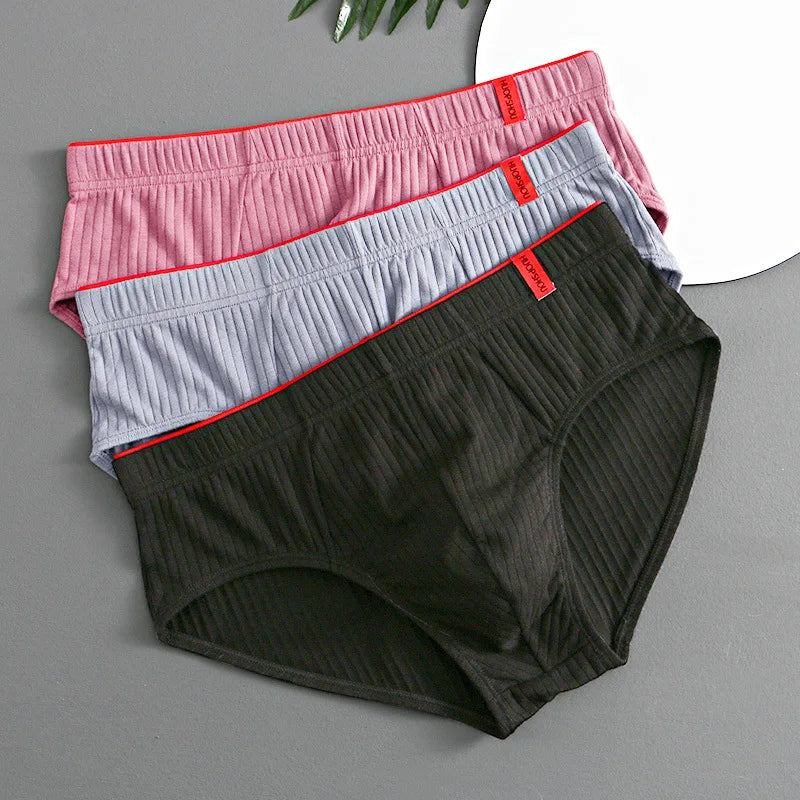 1/3PCS Men Briefs Mid Waist Elastic Soft Breathable Anti-septic U Convex Striped Solid Color Casual Men Underpants underwear men 3PC3220-8