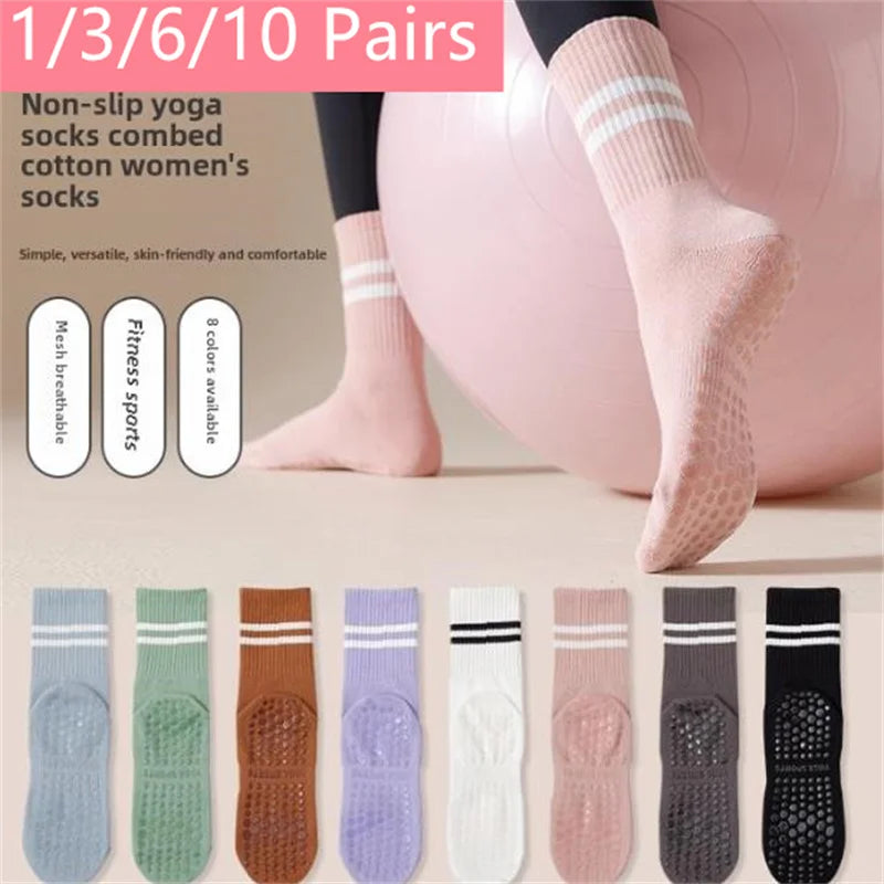 1/3/6/10 Pair Anti Slip Yoga Socks Female Medium Tube Socks lady Anti Slip Silicone Indoor Fitness Pilates Women's Sports Socks