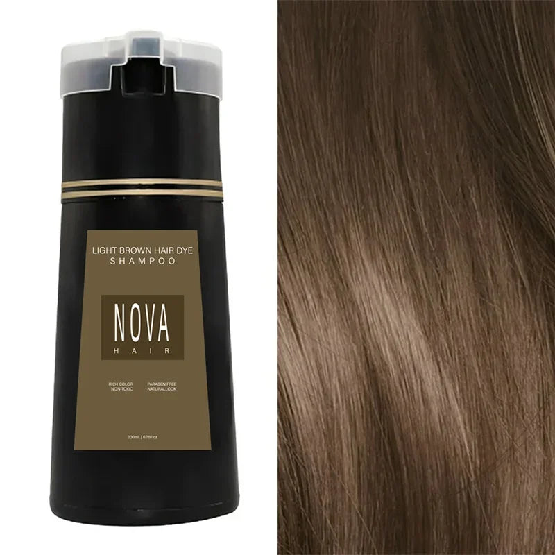 Nova 3-in-1 Black Hair Dye Shampoo for Men & Women – Instant Gray Coverage, Long-Lasting Natural Black Color Light brown (200ml)