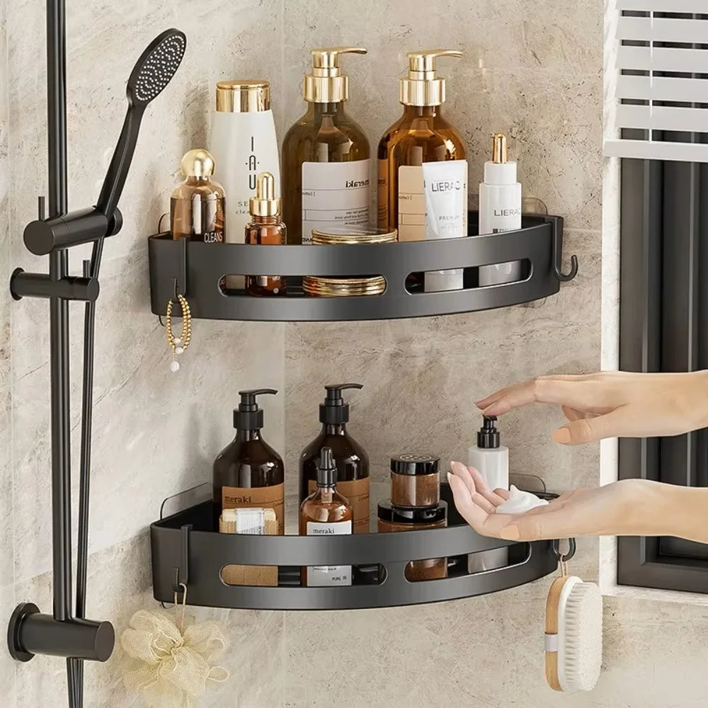 Black Adhesive Corner Shower Caddy with Drainage and Hooks