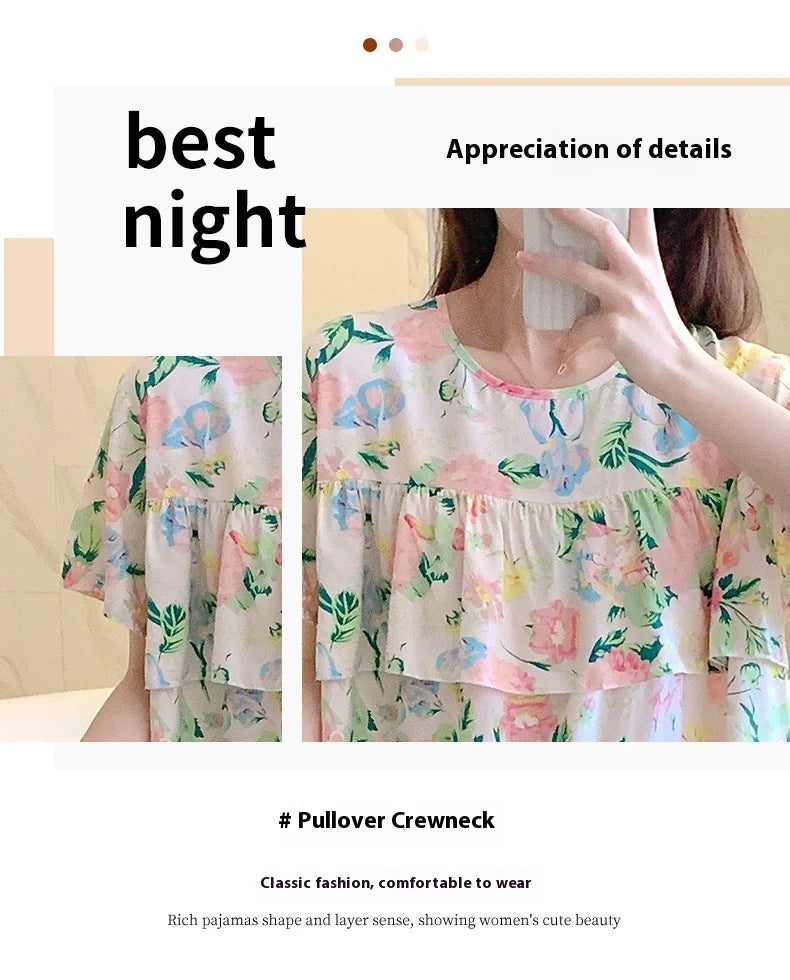 Sexy Nightwear Women Icy Floral Pattern Women Pajamas Dress Butterfly Print Student Sleepwear O- Neck Lace Mid-Length Nightgown