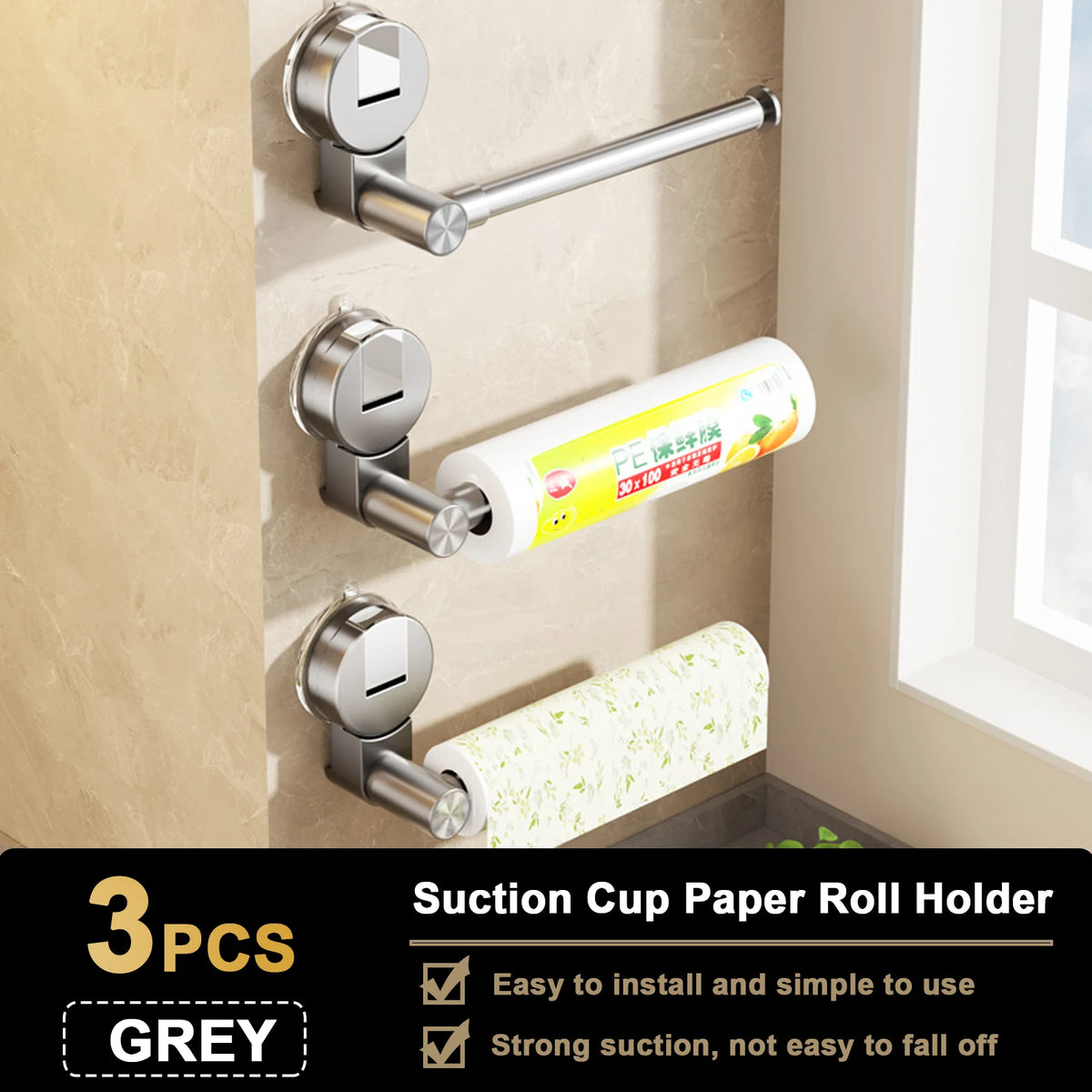 Paper Towel Holder Self Adhesive Toilet Roll Paper Holder No Punching Kitchen Bathroom Lengthen Storage Rack Grey Black White 3 Pcs Grey