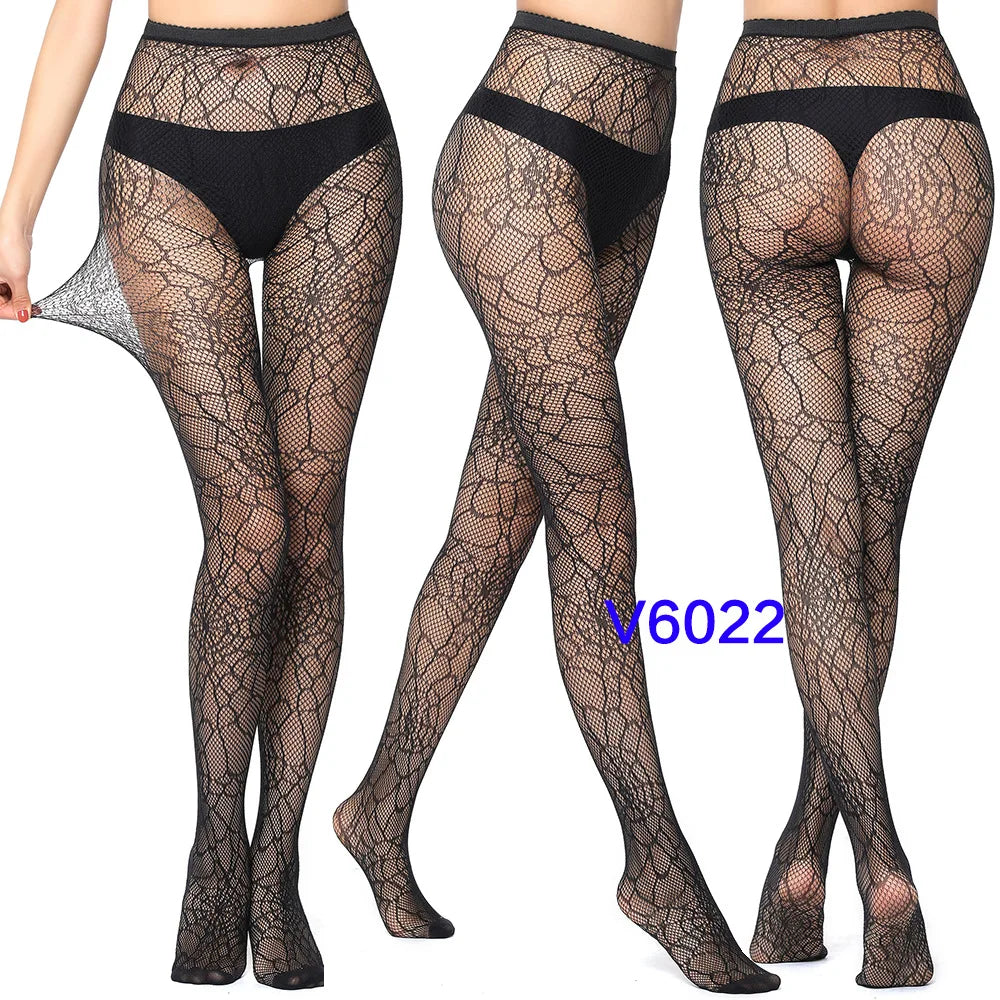 Women Sexy Fishnet Tights Jacquard Weave Seamless Pantyhose Yarns Garter Grid Fish Net Stockings Black Spider Gothic Lace Tights V6022 One Size
