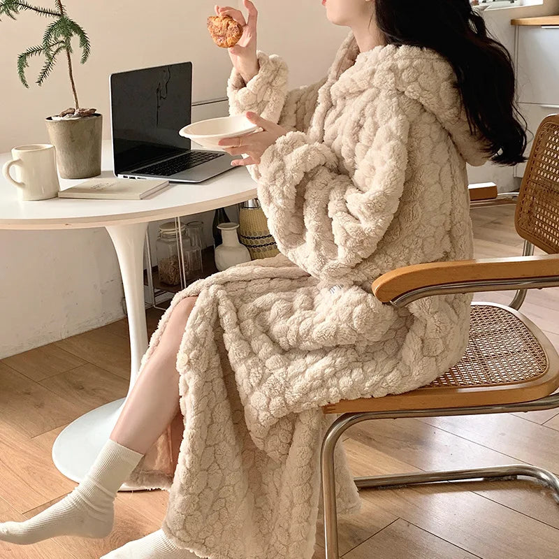 Women's Plush Hooded Pajama Dress Thickened Fleece Long Sleeve Nightgown Robe Winter Loungewear Home Bathroom Robe No Pants