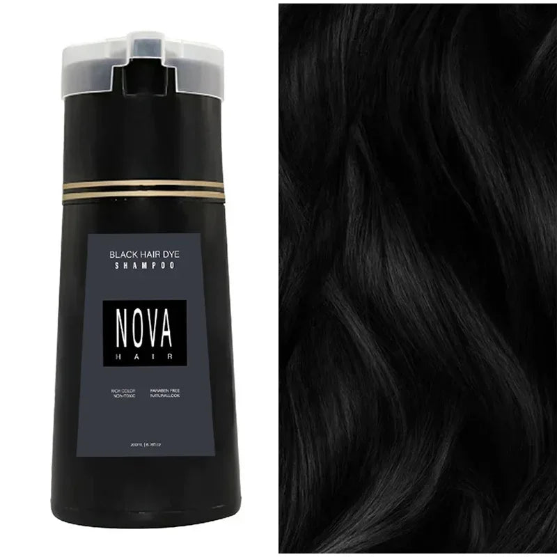 Nova 3-in-1 Black Hair Dye Shampoo for Men & Women – Instant Gray Coverage, Long-Lasting Natural Black Color