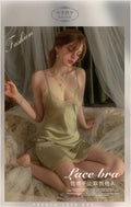 2025 Women's Lace Chemise Nightdress with Chest Pads, Ice Silk Suspender Nightgown for Autumn Winter