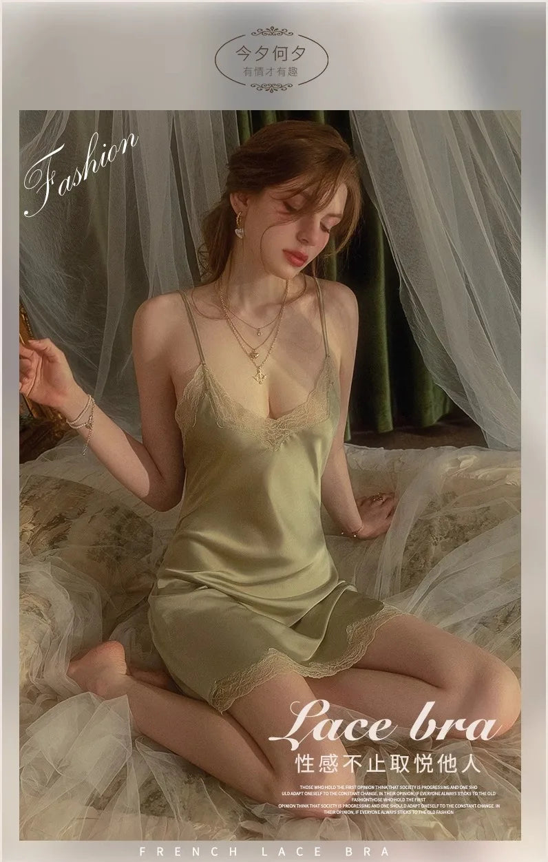 2025 Women's Lace Chemise Nightdress with Chest Pads, Ice Silk Suspender Nightgown for Autumn Winter