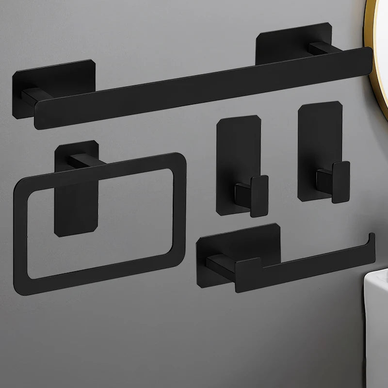No Drilling Matte Black Bright Sliver Stainless Steel Towel Bar Towel Ring Roll Paper Holder Robe Hook Bathroom Accessories Set Black 5pcs Set