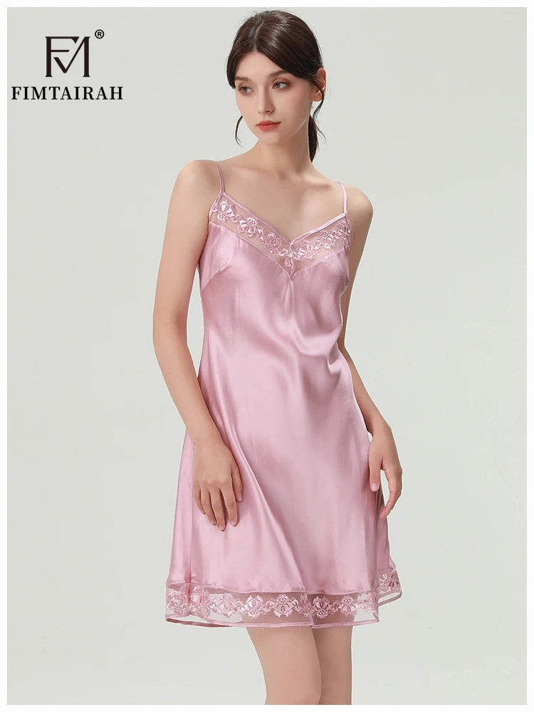 FIMTAIRAH 100% Silk Pajamas Women's Summer Nightgown Dress Summer Home Wear Lace