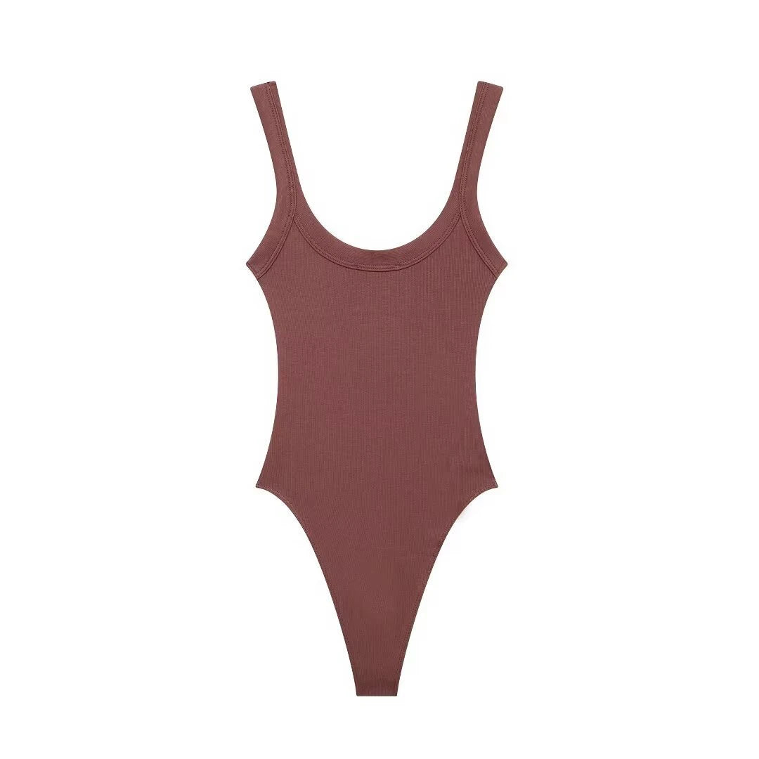 Women's Skinny Ribbed O-Neck Bodysuits with Straps Snap-Button Sexy Fashion Playsuits Comfortable Stretchy Female Clothing