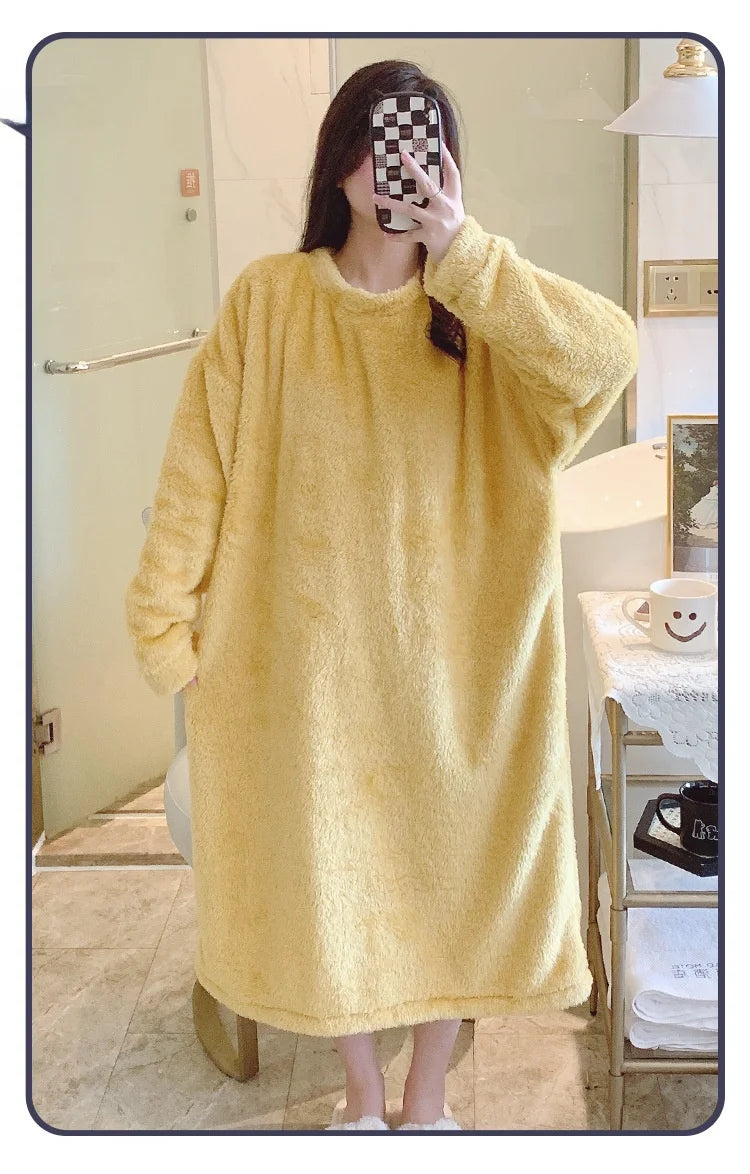 Warm Fleece Nightgown Women's Loose Comfortable Home Clothes plus Size Solid Color Simple Design Sleepwear Casual Outerwear