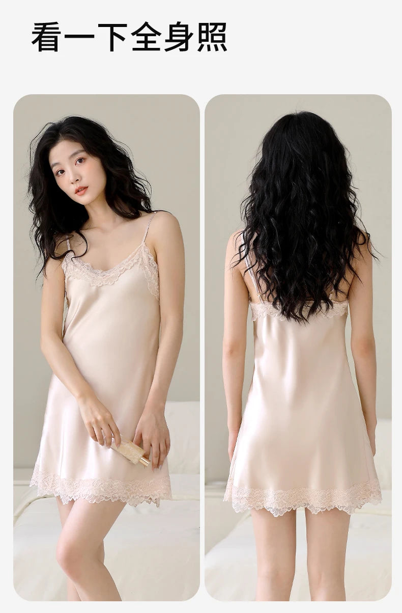 ElyraLux Women's Pajamas Dress Halter Sexy Nightgown Sleeveless Spaghetti Straps Woman Sleeping Cloths Lace Trim