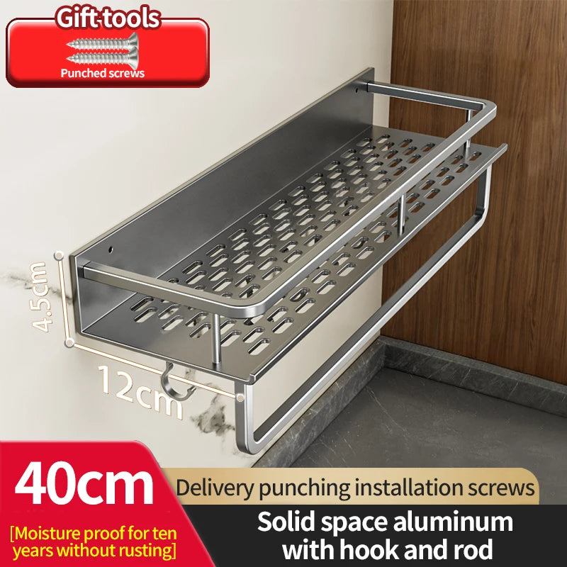 Aluminum Kitchen Rack Kitchen Shelf Toilet Storage No Drill Hanging Rack Bathroom Organizer Hang on the Wall Kitchen gray pole 40cm