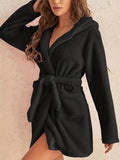 1 piece of women's solid color hooded robe with belt, cozy and warm fleece pajamas for home wear in autumn and winter.