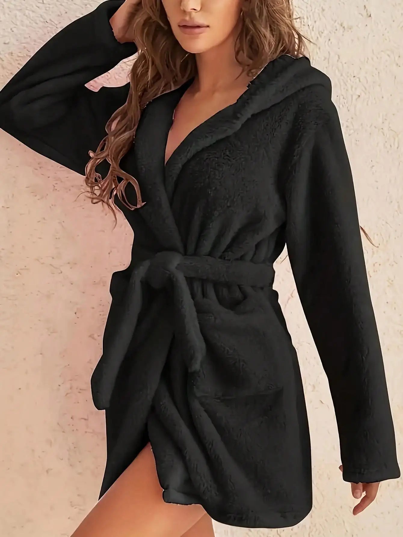 1 piece of women's solid color hooded robe with belt, cozy and warm fleece pajamas for home wear in autumn and winter.