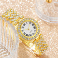 Fashion Luxury Women Gold Watch Bracelet Necklace 6Pcs Set Ladies Diamond Quartz Wristwatch Valentine's Day Mother's Day Gift