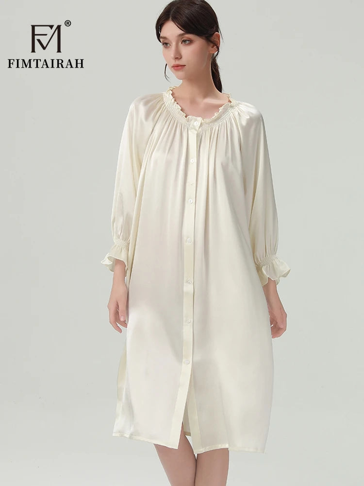 FIMTAIRAH 6A 22MM 100% Silk Nightdress Real Silk Nightgown Women long plus large size Sleepwear Pajamas robe