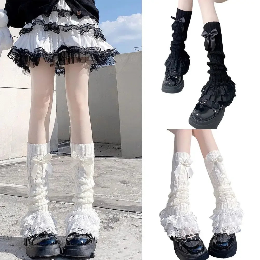 Lolita Bow Leg Warmers – Ruffle Lace Knit Calf Socks Women
