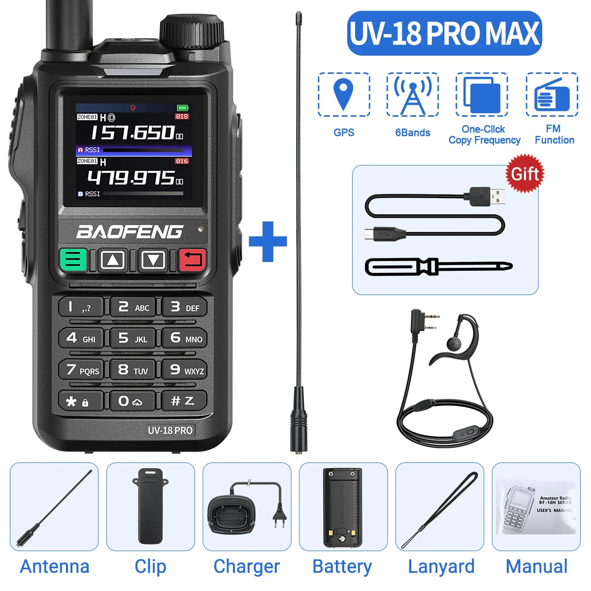 Baofeng UV18 PRO MAX GPS Walkie Talkie, 10W, Long Range, Type-C, Six-Band, Wireless Frequency, Ham Radio for Hunting - Dicrodelights