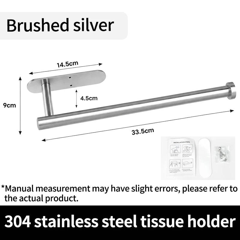 Kitchen Bathroom Storage 304 Stainless Steel Tissue Holder Waterproof No-Drill Strong Adhesive Paper Towel Rack For Cabinet Silvery