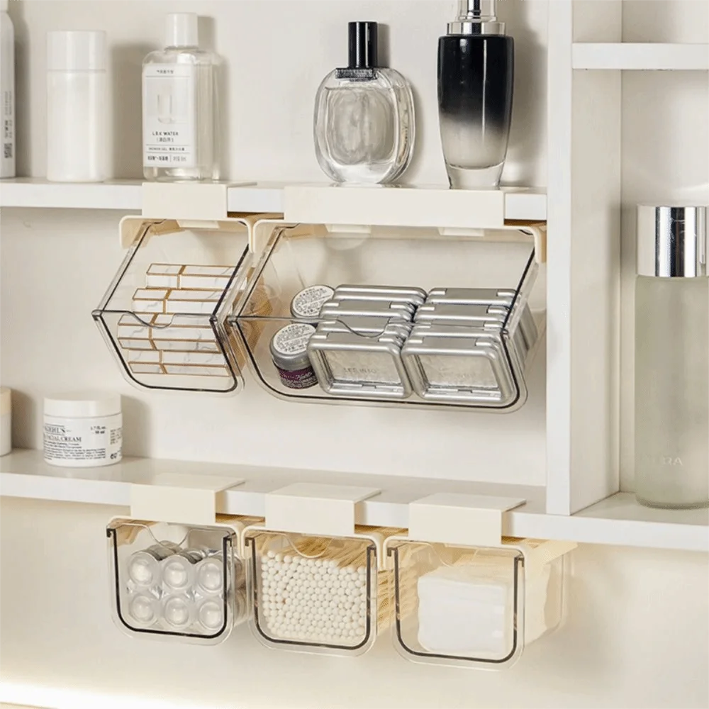 Transparent Pull-Out Storage Drawer Slide-Out No-drill Cotton Stick Lipstick Organizer Space Saving Under-Cabinet