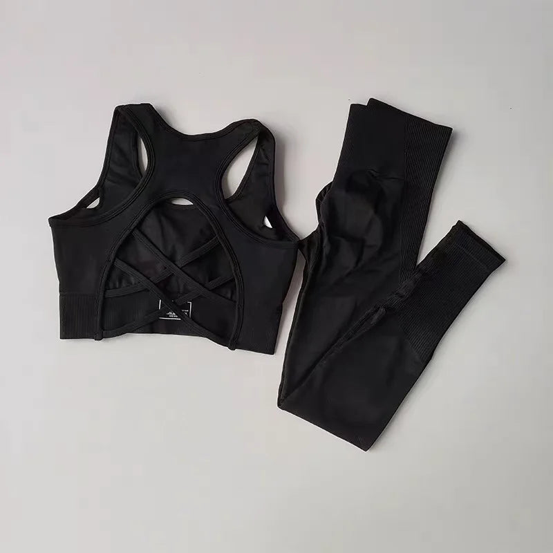 2PCS Sports Bra Women's Set Professional Fitness Tank Top Bra Shockproof Running Leggings Yoga Suit Beautiful Back Bra Clothing Black China Mainland