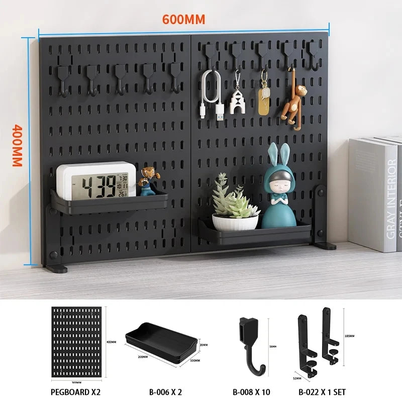 No-Drill Clamp-On Standing Pegboard Storage Organizer, Desktop Rack with DIY Accessories, Office Desk Stationery Holder BK Clamp-On SET 2