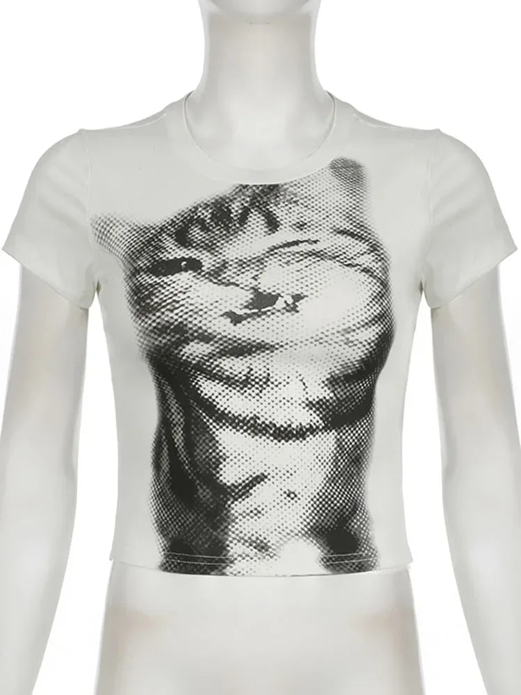 Cat Print Crop Top – Y2K Harajuku Women's Graphic Tee White